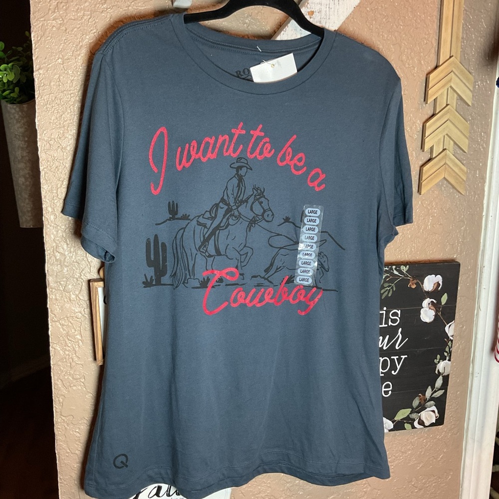 Rodeo Quincy Slate Blue I Want to Be a Cowboy Short Sleeve Graphic T-Shirt NWT